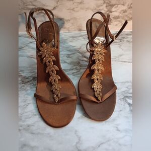 Valerie Stevens Brown Fabric & Rhinestone Stiletto Heels Leather Soles Size 8.5